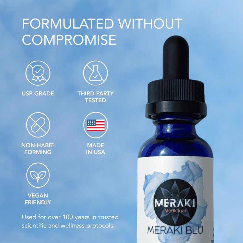 Meraki Blu USP Grade Methylene Blue Solution – Third-Party Tested 1% Liquid Formula, High Purity Blue Formula, 30ml Glass Dropper Bottle
