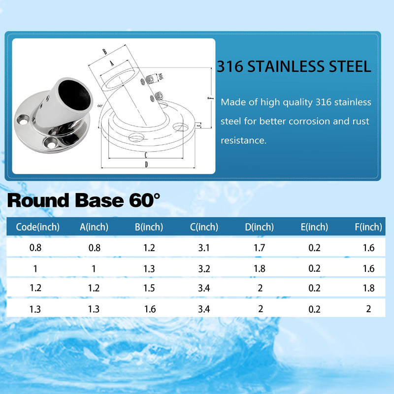YANYUCB Boat Hand Rail Fitting,316 Stainless Steel Round 60/90 Degree Boat Hand Rail Base(1 inch,1-1/4inch,7/8 inch,1-3/16 inch) with L Shape Hex Key and Screws 1-3/16 × 4 60°