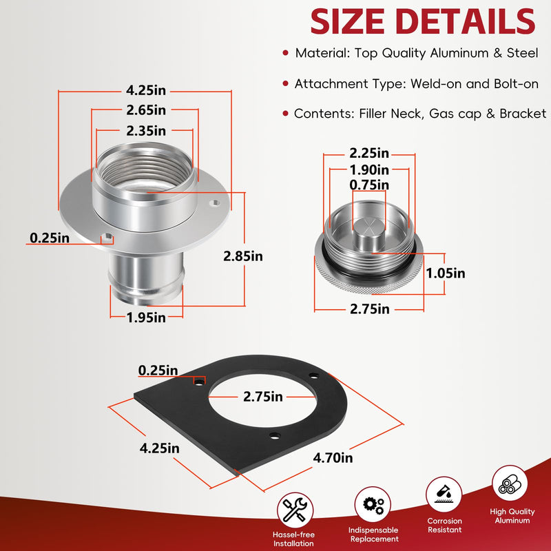 17-2530 Billet Aluminum Remote Fuel Tank Filler Neck, Gas Cap and Weld-On Steel Bracket, fits 2-inch Filler Hose, 2.00 Inch Remote Fuel Cell Filler - Straight Neck