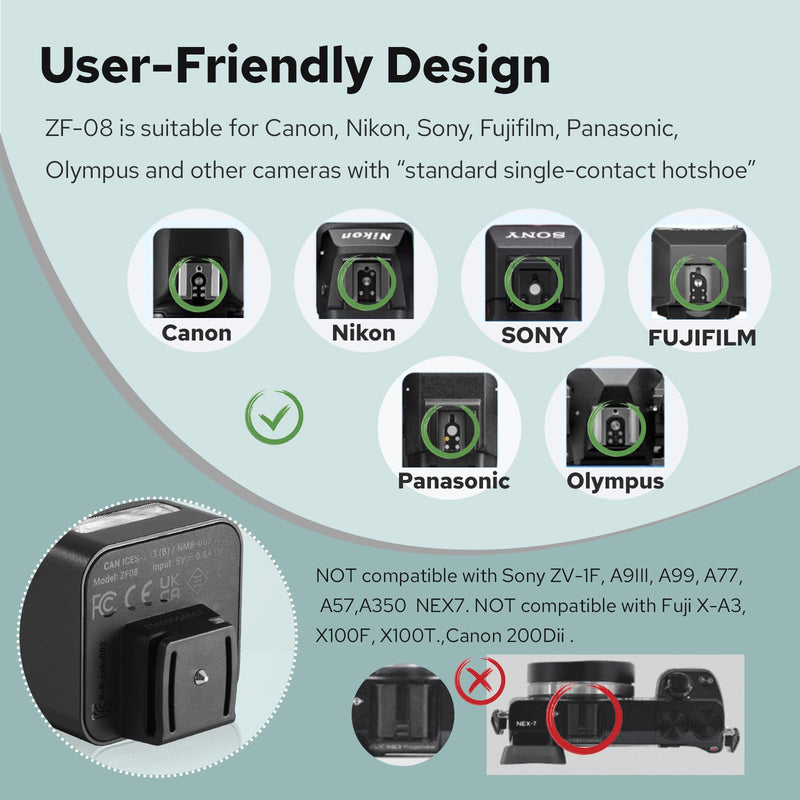 Zeniko ZF08 Aluminum Mini On‑Camera Flash for Canon Nikon Sony Fuji(Black) | 440 Full-Power Mini Speedlite,Universal Hot Shoe, 470mAh Battery, CCT 6500K±200K, Travel Vlog Portrait Photography Accessory Black