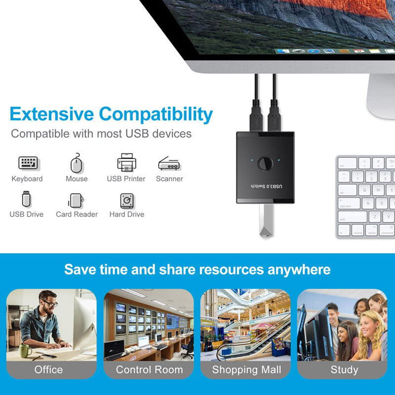 Cablecc KVM USB 3.0 Bidirectional Switch Selector 2 to 1 PCs Sharing or 1 to 2 Hub for Keyboard Mouse Scanner Printer