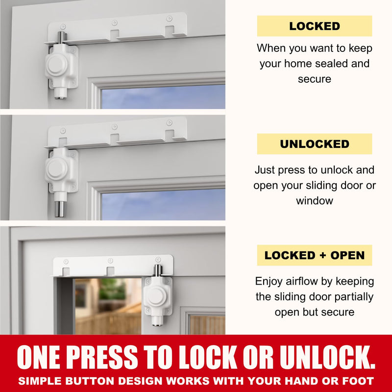 Securityman Sliding Door Lock | Sliding Glass Door Lock for Child Safety, Pet, Patio, & Adjustable Ventilation with Button Actuation, Metal Shaft