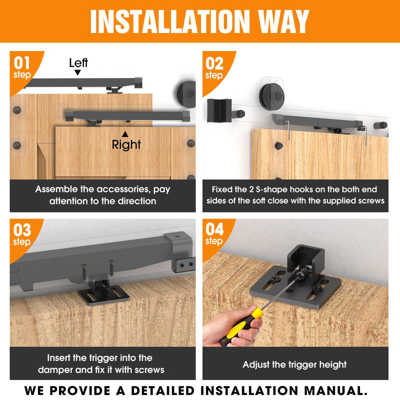Barn Door Soft Close Kit,Matching 88-132 Pounds Single Door,Barn Door Buffer Damper Stopper is Suitable for Most Flat Track Sliding Door Systems,Upgrade Hole-Free Version, 4PCS Black 4Pcs