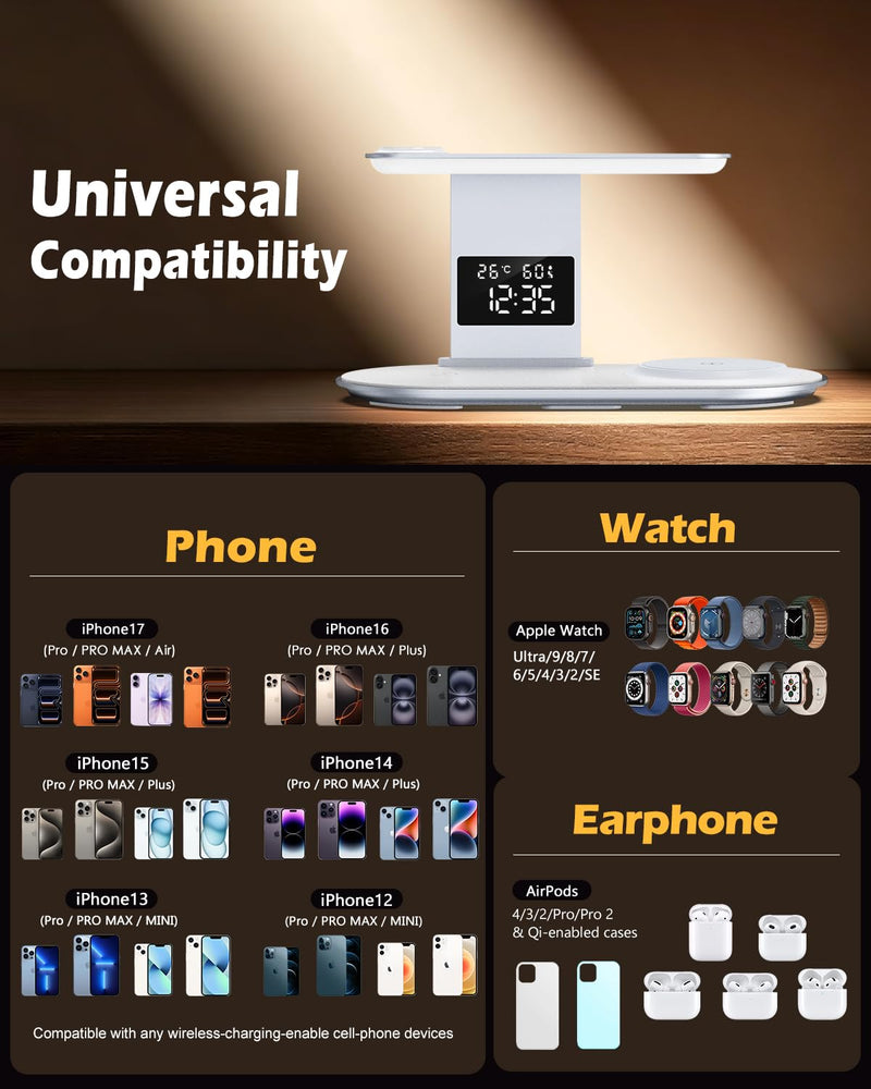 5 in 1 Wireless Charger for iPhone, iWatch, AirPods | 2026 Upgraded Charger Station with Fast Charging Adapter, Bedside Lamp for iPhone 17-12, iWatch 3-11, AirPods, White Silver