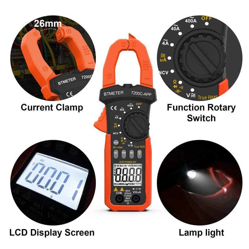 BTMETER Digital Clamp Meter Multimeter, Auto Range 4000 TRMS AC DC Voltmeter Ammeter Test Volt Amp Ohm Capacitance Frequency w/Data Export, Mini Multi Tester BT-7200CAPP 400A AC/4000uA DC Current + Bluetooth