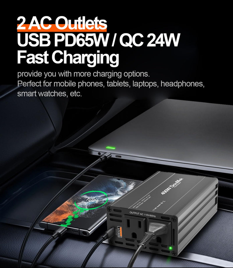 400W Car Power Inverter - Dual DC 12V to 110V AC Car Plug Adapter Outlets, Fast Charging USB C 65W & 24W Port, Power Inverters for Vehicles, Laptop Car Charger, Road Trips BLACK