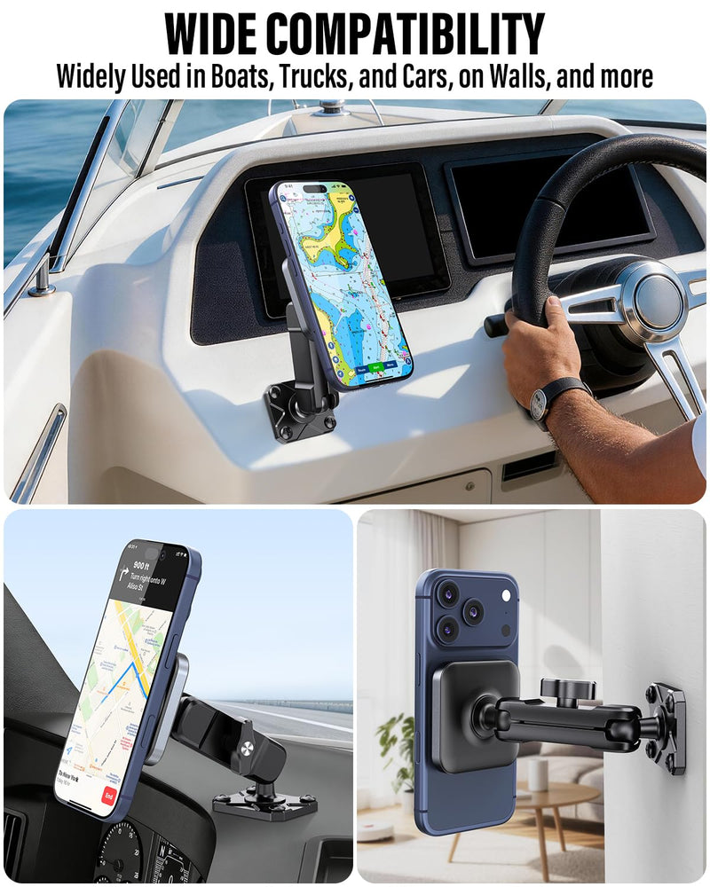 APPS2Car Alloy Magnetic Phone Mount for Boat/Truck/Car/Wall, Drill Base | 20×N55 Strong Magnets, 360° Adjustable, Durable Aluminum&ABS, Heavy Duty Phone Holder for Magsafe iPhone Samsung Most Phones
