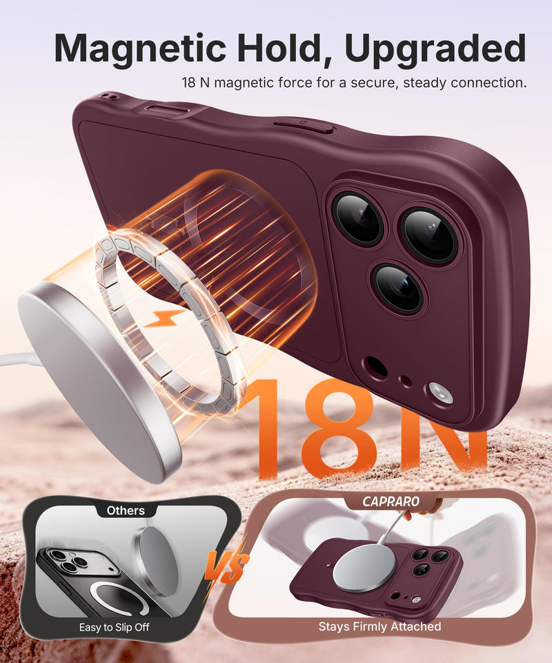 CAPRARO Magnetic for iPhone 17 Pro Case Cute Wave, Wine Red | Full Camera Protection, Compatible with MagSafe , Military-Grade Drop Protection, Wave Frame, Phone Case for iPhone 17 Pro For Iphone 17 Pro 6.3 inch