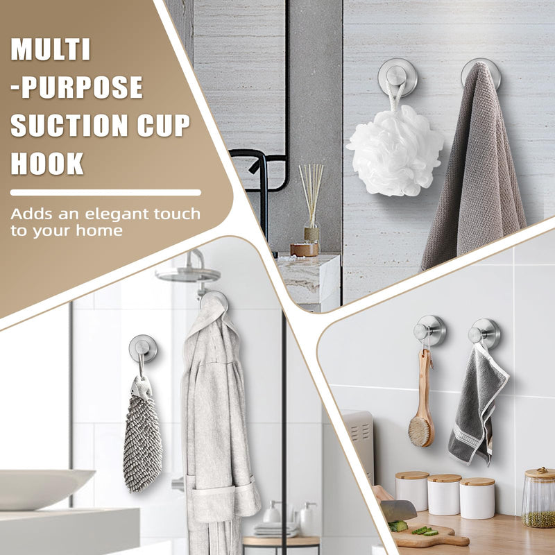 Suction Cup Hooks for Shower No-Drill Bathroom Hooks for Towels, Robes, Loofah Mountable on Bathroom Walls, Kitchen, Glass, Mirrors, Tile and Smooth,Non-Porous Surfaces (2, Brushed Nickel) 2