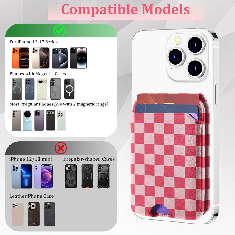 bolimoss Checkered for Magnetic Wallet with Makeup Mirror, Cute Leather Magnetic Card Holder for iPhone, Phone Wallet with 2 Card Slots & Adjustable Stand for iPhone 17/16/15/14/13/12 Series(Pink) Rose Red Checkerboard
