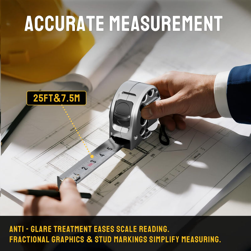 STEELITE Tape Measure 25'FT Stainless Steel Waterproof & Rustproof Retractable Measuring Tape with Hollow Design Bright Silver
