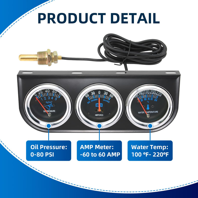 MH 2inch 52mm Triple Gauge Set, Oil Pressure Gauge Water Temp Temperature Ammeter AMP Car Auto 3 Gauges Cluster Set kit