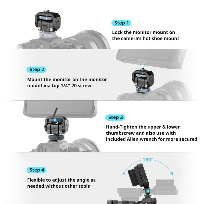 SmallRig Camera Monitor Mount Lite with Cold Shoe, Swivel 360° and Tilt 180° Holder for Field Monitor, LED, Flash and Video Shooting Photography Accessories, Max Load Capacity of 90° Tilt 3.2kg