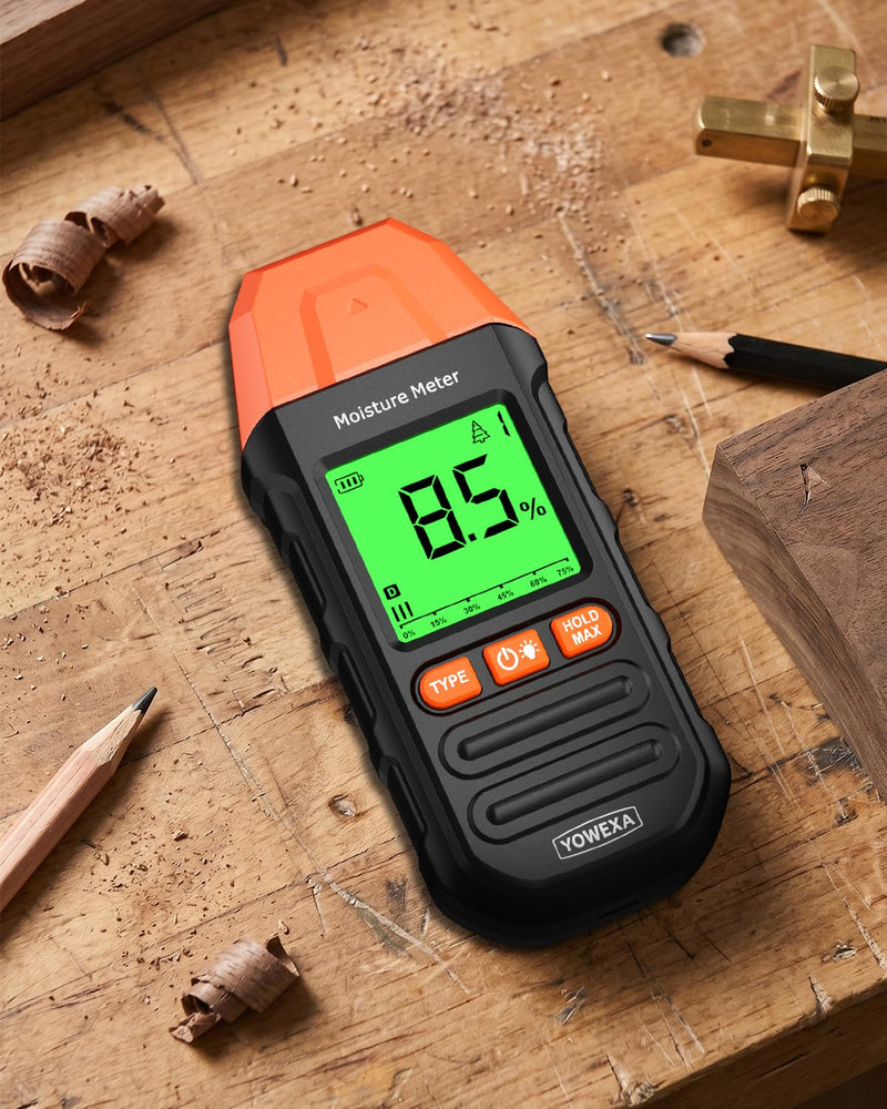 Pin-Type Wood Moisture Meter for Hardwood & Softwood | 7 Material Modes, Backlit LCD, Max/Min/Avg & Data Hold for Firewood, Lumber, Drywall & Selected Wall Materials