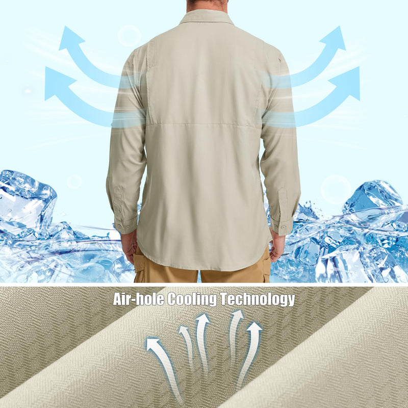mixtiq Men's Sun Protection Safari Shirts Long Sleeve UPF 50 UV Quick Dry Travel Hiking Fishing Shirts with Zipper X-Large Light Khaki