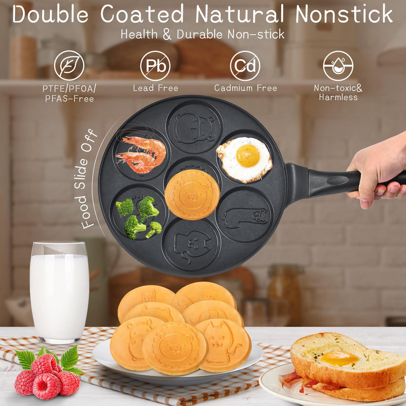 Pancake Maker Egg Frying Pan Suitable for All Stovetops & Induction Cooker, 10.5 Inch Animal Pancake Pan, 7 Molds Pancake Maker with PFOA Free Coating Black