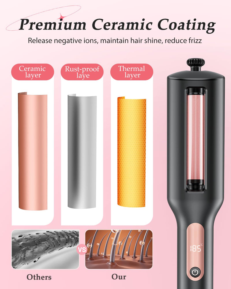 4 in 1 Adjustable Wave Curling Iron - 22/25/32/38mm Ionic Beach Waver Hair Curler with Ceramic Electrical Coating, Anti-Scald, 30S Heat Up, Digital Display, 4 Temperature(140°C-210°C), Black+Rose Gold