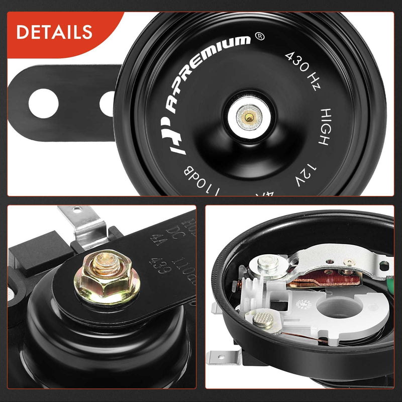 A-Premium - Disc Horn 2PCS High & Low Universal Electric Horns - 12V 110 dB - Compatible with Passenger Car, Commercial/Off-Road Vehicle, Motorcycles, ATVs, Scooter, Dirt/Pocket Bikes & More, 76 mm