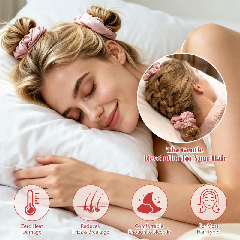 2 Pack 3-in-1 Satin Heatless Hair Curler Scrunchie with Extended Ruching | Heatless Curls Overnight, No Heat Hair Styling Rod with Built-in Hair Tie, Soft Sleep-In Curler for Long Hair, Pink+ Black