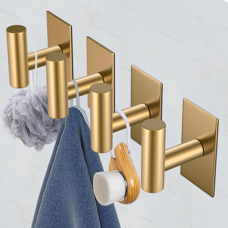 VAEHOLD Wall Towel Hooks, Heavy Duty Sticky Holder Waterproof Towel Hooks for Hanging Coat, Clothes, Closet Hook Wall Mount for Kitchen (Gold, 4 Pack) Gold