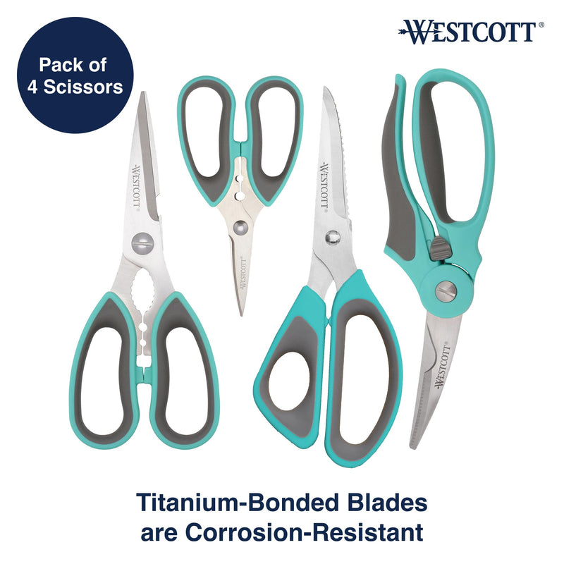 Westcott Titanium-Bonded Kitchen Shears 4pk, Durable and Versatile Scissors with Soft Handle for Precise Cutting, Ideal for Cooking 4-pack