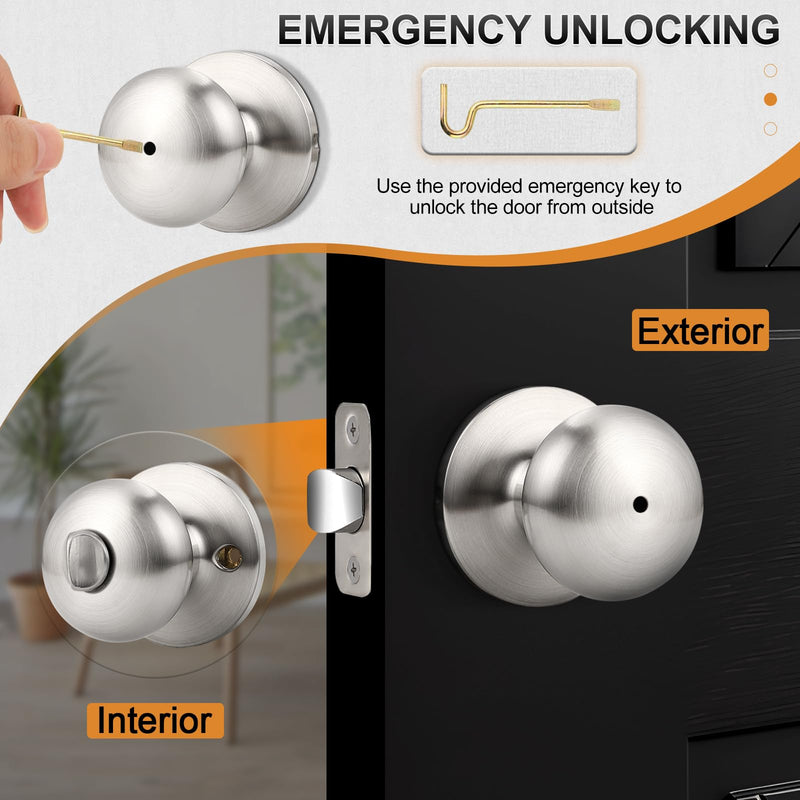 Probrico Keyless Privacy Door Knobs Interior Brushed Nickel Finish, 2 Pack Bedroom Bathroom Doorknob with Universible Handle, Solid Adjustable 60-70mm Latch