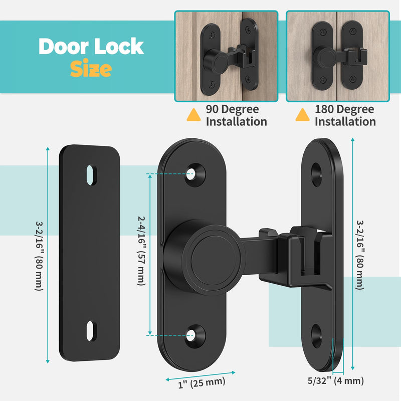 90/180 Degree Barn Door Lock, Zinc Alloy Flip Gate Latches Hardware for Bathroom, Bedroom, Fence, Garage, Cabinet, Outdoor – Home Security & Privacy Sliding Door Latch Lock (Black-2PCS) Black-2PCS