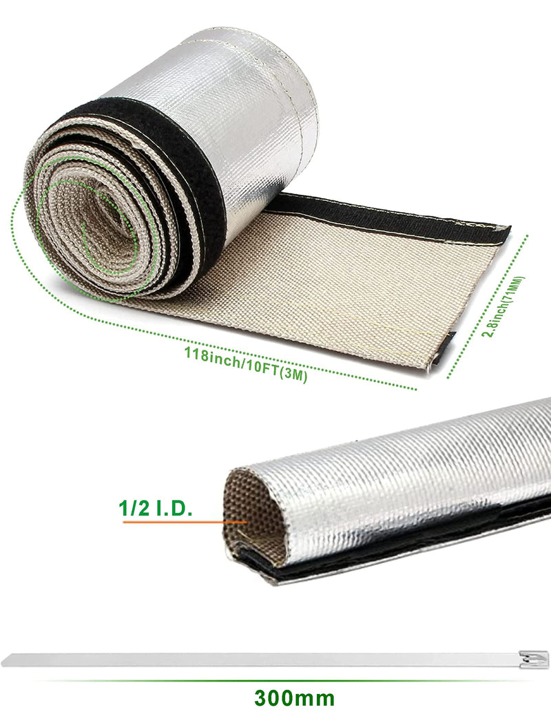 Heat Shroud Aluminized Sleeving Heat Shield Fuel line Wire Heat Sleeve for Ultimate Heat Protection Hose Wire Sleeving with 10PCS Stainless Steel Cable Metal Ties-Silve (1/2" I.D.X10FT)