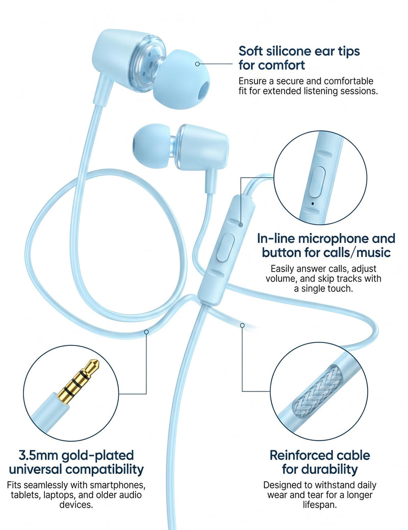 Glitter Skyblue Teens Wired Earbuds with Case, 3.5mm Headphones for School | GOGOSINIS Wired Student Earbuds with Glitter Blue Case, Braided Lanyard Wristlet & Star Keychain Charm, For School backpacks Glitter Skyblue