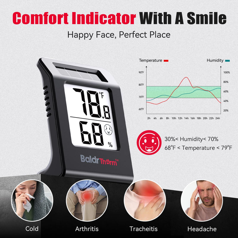 BaldrTherm Humidity Meter Hygrometer, Solar-Powered Room Thermometer Indoor Digital Temperature Sensor Monitor, 2.2''Humidity Gauge for Baby Rooms, Home, Office, 3Pack, Black Black 3pack