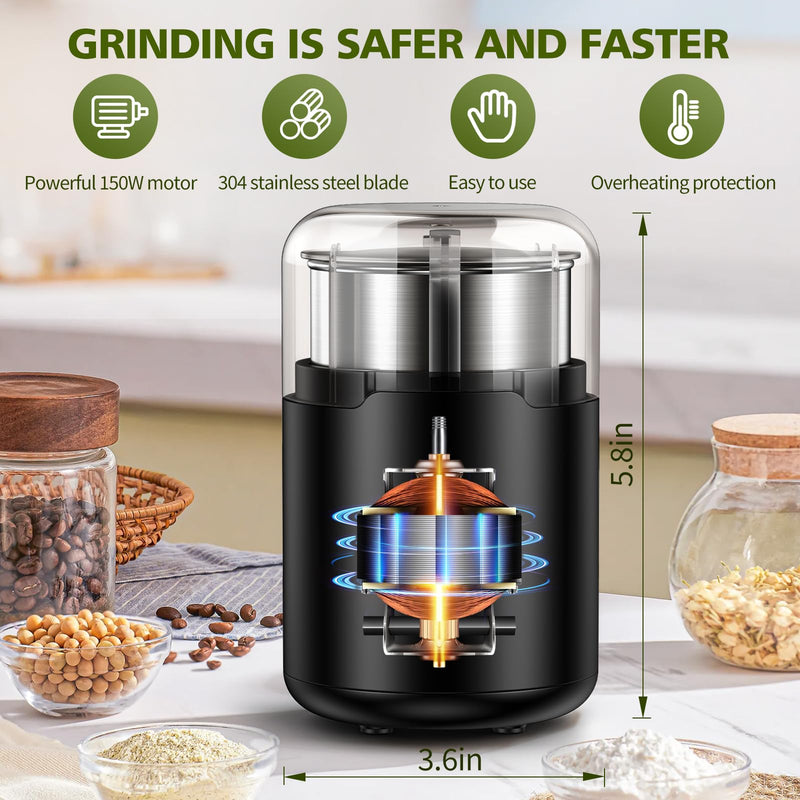 Herb Grinder, Spice Grinder, Coffee grinder, 150 w Electric Herb Grinder with Stainless Steel Blade and Cleaning Brush, Compact Size Electric Grinder for Herb Spices Coffee Nuts Seeds,etc.