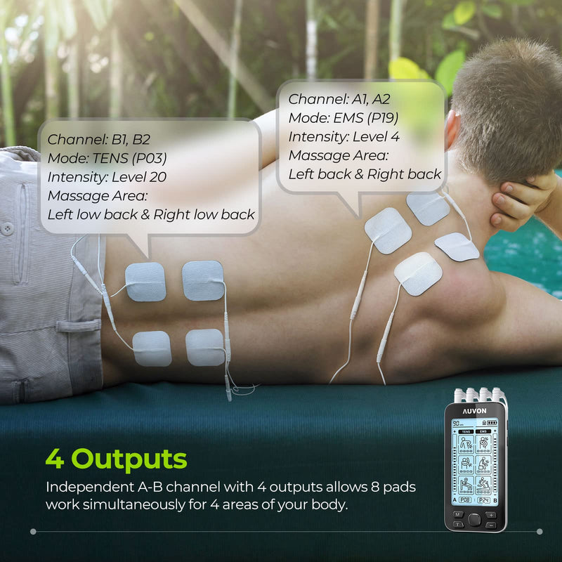 AUVON 4 Outputs TENS Unit EMS Muscle Stimulator Machine for Pain Relief Therapy with 24 Modes Electric Pulse Massager, 2" and 2"x4" Electrodes Pads, Black A Black