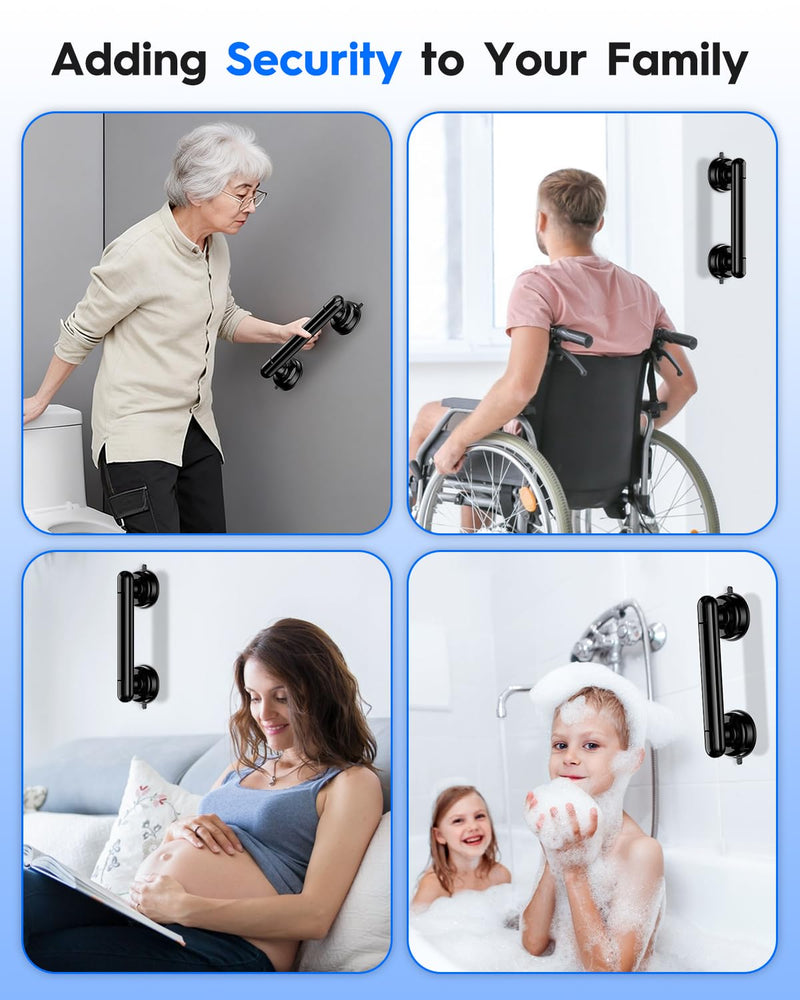 Upgraded Grab Bars for Shower Bathtub Bathroom Wall, Heavy-Duty Suction Grab Bars Shower Handle Safety for Elderly Seniors Handicap, No Drilling Tool-Free, Easy Removal and Reusable (Black) Black