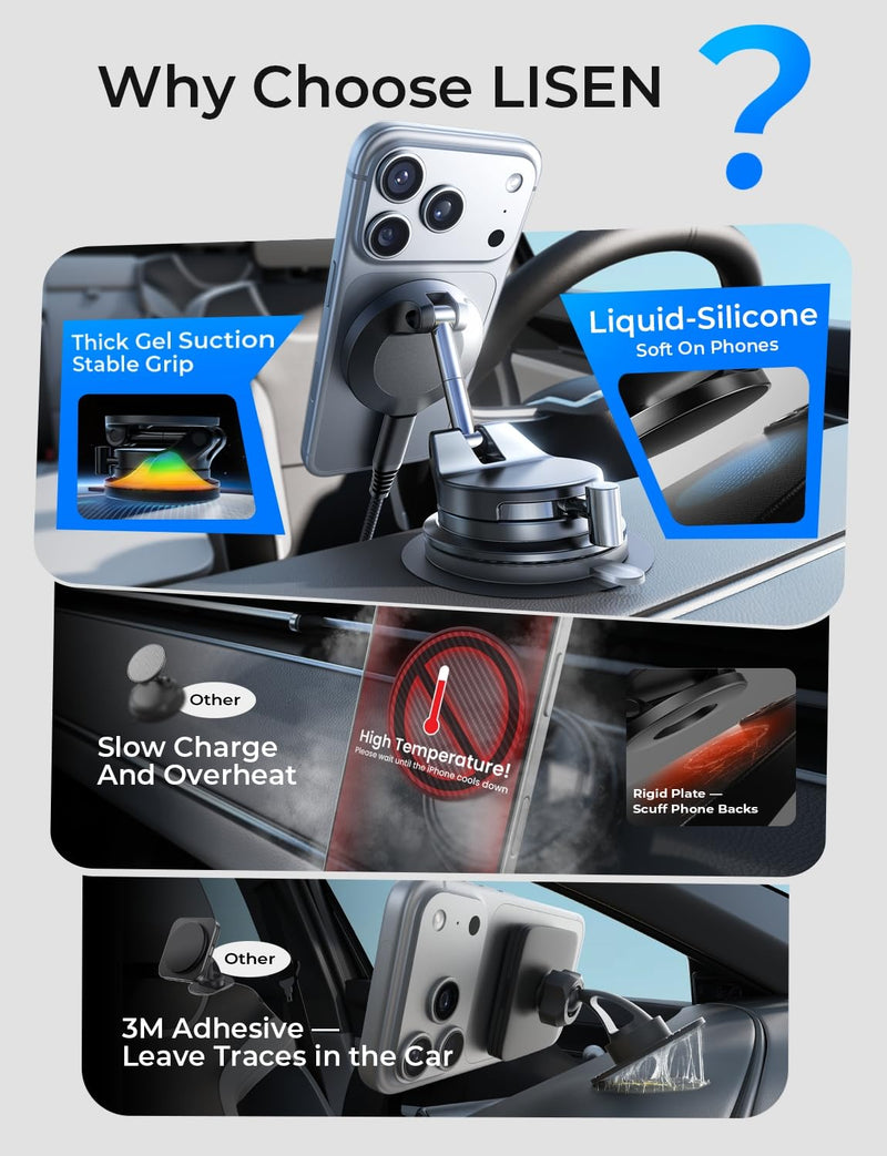 LISEN 15W Magsafe Car Mount Charger，[Lever Lock] Suction Cup Phone Holder,360° Vacuum Magnetic Car Phone Holder Charger Wireless for iPhone 17 Pro Max Air 16-12,Pixel 10,Samsung with MagSafe Case Black