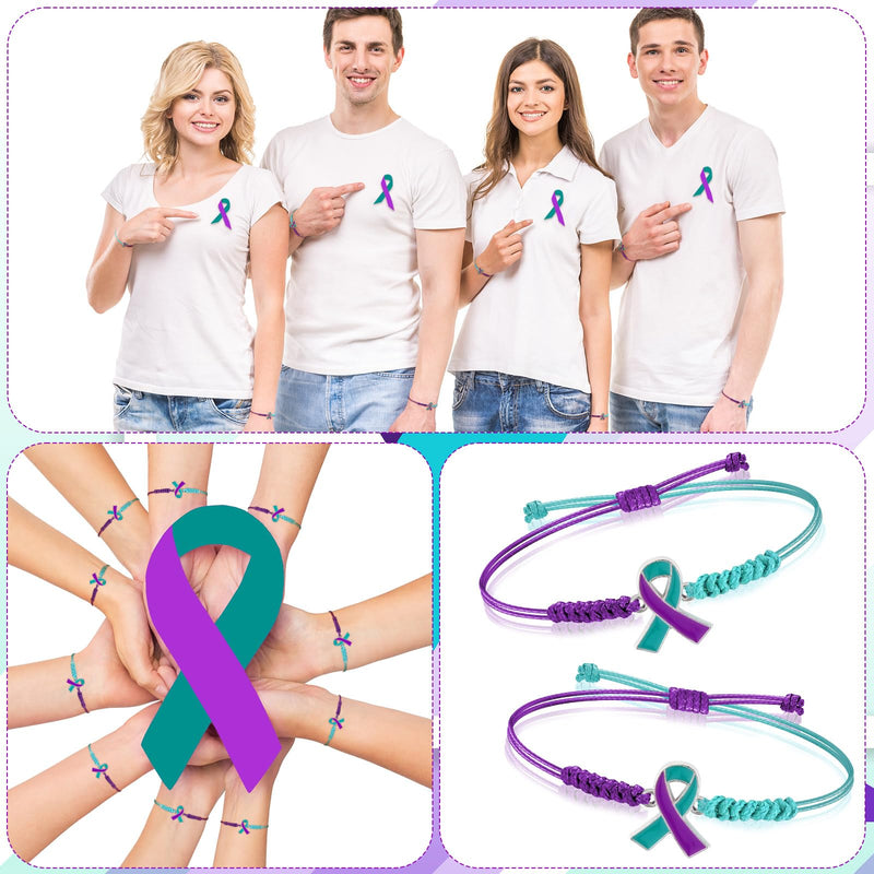 Sasylvia 20/100/150 Pcs Suicide Prevention Awareness Bracelets Adjustable Cord Purple Teal Ribbon Braided Bracelets Inspirational Suicide Prevention Gifts for Women Men Jewelry Accessories 100