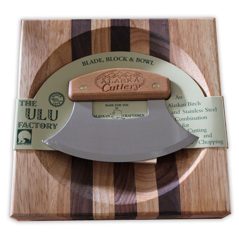Alaska Ulu Knife Set Curved Knife with Wood Handle plus Chopping Board Mezzaluna Made in Alaska USA Ulu Factory