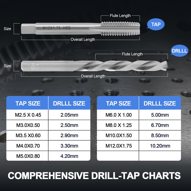 18PCS Tap and Drill Set - 4341 High Speed Steel Metric Drill and Tap Set,Titanium Coated, Tap Range M2.5 * 0.45—M12*1.75, Metal Storage Case