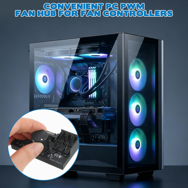 12V 4-Pin PWM Fan Controller, 6 Fans Supported, PC Fan Adapter Hub Adjustable Speed Knob Power Supplied with SATA DC for Fans Cooling