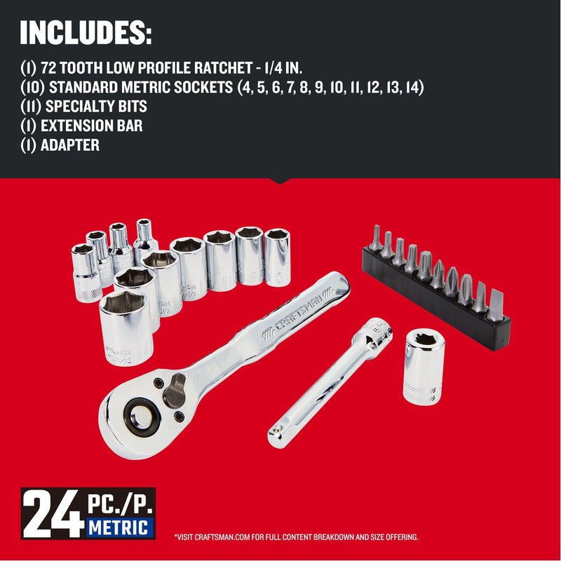  [AUSTRALIA] - CRAFTSMAN Socket Set, 24-Piece, 1/4 Inch Drive, Metric, Includes Storage Case (CMMT12110LZ) NEW MM Set