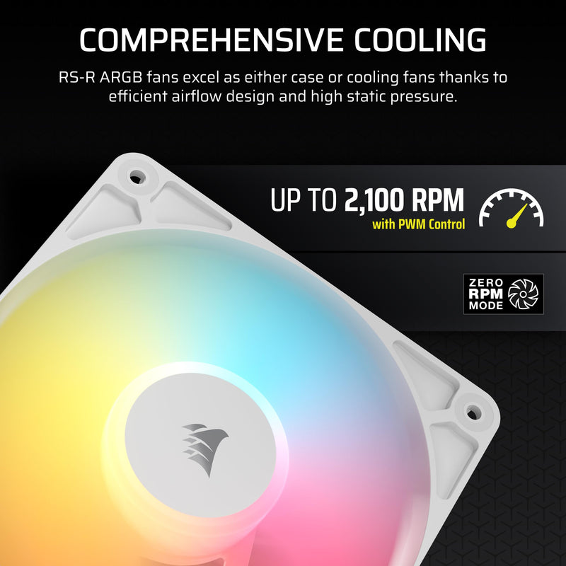 Corsair RS120-R ARGB 120mm PWM ARGB Reverse Fans – Reverse Rotor, +5V ARGB Connections, Eight RGB LEDs, High Static Pressure, Daisy-Chain, Magnetic Dome Bearing, Zero RPM Mode – Triple Pack – White