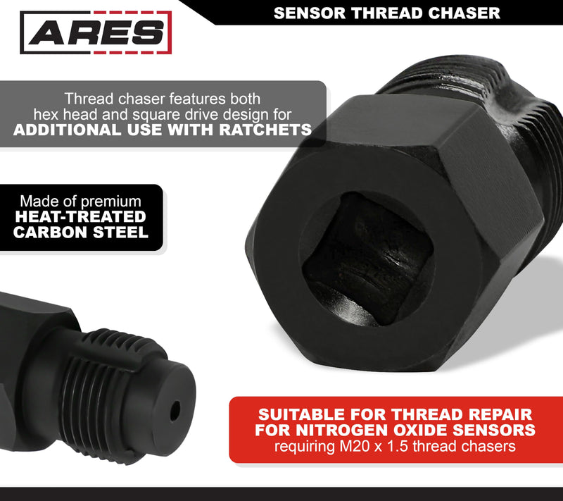 ARES 10106 – M20 x 1.5 NOx Sensor Thread Chaser Tool – Premium Heat Treated Carbon Steel Thread Chaser – 7/8-Inch Hex Head with 3/8-Inch Square Drive Design for Superior Versatility