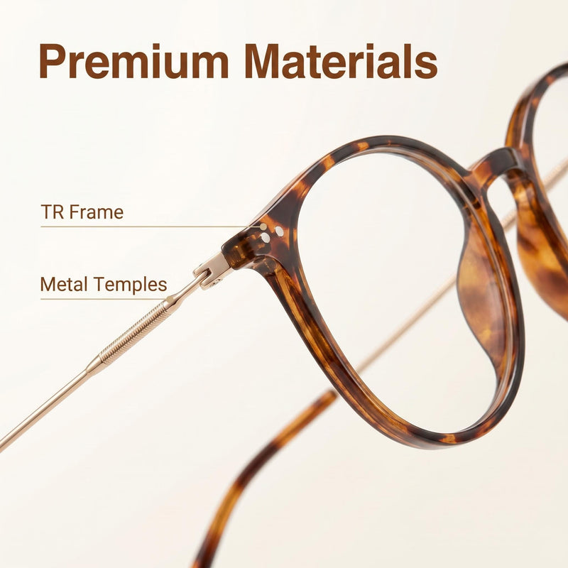 Shiratori Retro Round Blue Light Blocking Glasses for Women Men, Lightweight Metal Temple Eyeglasses Tortoiseshell Clear