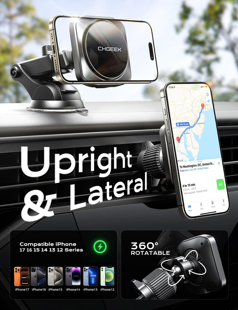 Chgeek for MagSafe Car Mount Charger[15W Fast Charging & 2400gf Magnetic] | 360°Adjustable Car Phone Holder With Cooling Fan, Magnetic Wireless Car Charger for iPhone 17 16 15 14 13 12 Pro Max Plus