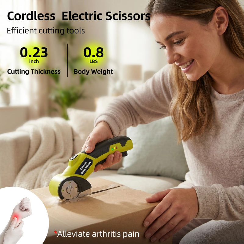 Cordless Electric Cutter, 4V Rechargeable Scissors Box Cutter with 2 Rotary Blades, USB Cable,Storage Bag, Safety Lock & LED Light, For Cardboard, Fabric, Plastic, Leather, Carpet, Packaging, DIY
