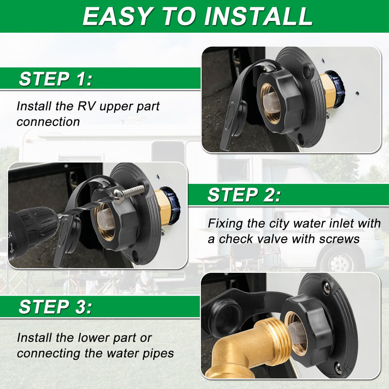 RV City Water Inlet Connection with Brass Threaded Check Valve and Dustproof Cover Leak-Proof Inlet Hose Adapter for Fresh Water Fill Compatible with Camper Trailer Motorhome Marine (Black S) Small-black