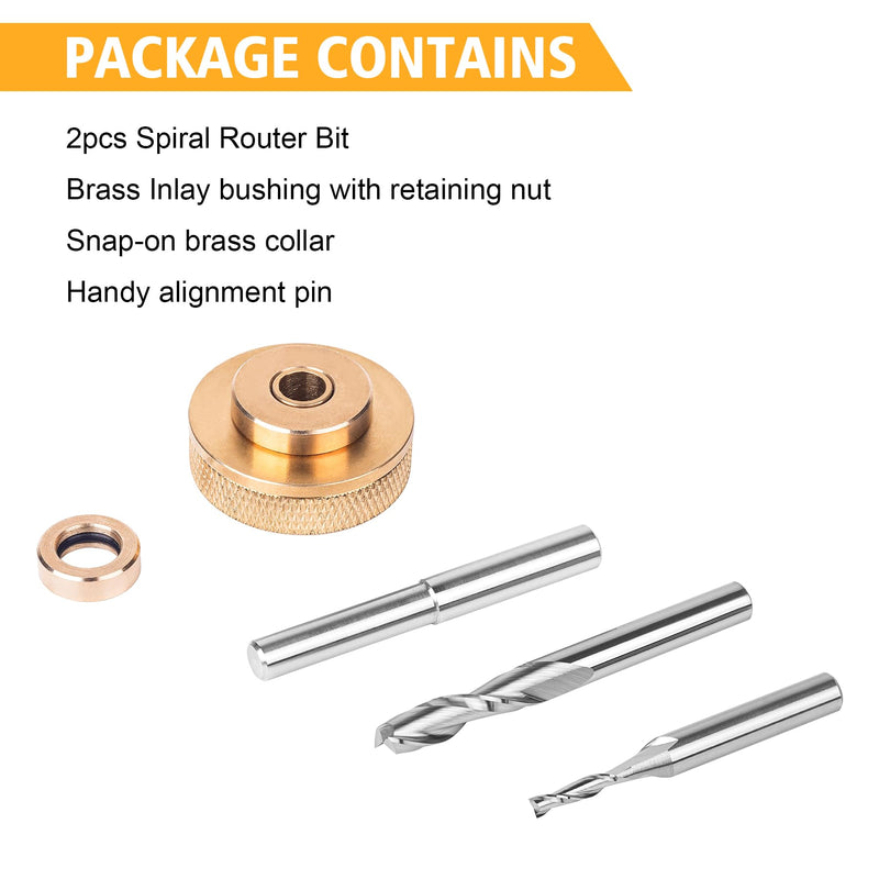 SpeTool Router Inlay Kit, Solid Brass Inlay Bushing Kit Includes 1/8 Inch and 1/4 Inch Cutting Diameter with 1/4 Shank Carbide Spiral Upcut Bit, Router Bushing Guide Set for Wood