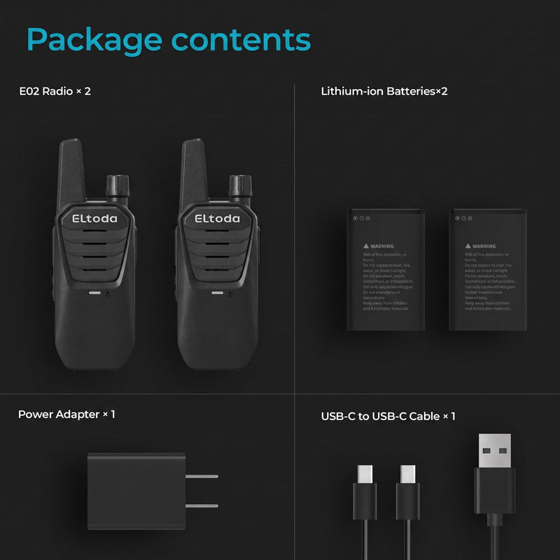 E02 Portable Walkie Talkies for Adults Rechargeable Two Way Radio | FRS License Free, Vox Hands-Free, Keylock, USB-C Charging, 16 Channels, Lightweight, Compact, Woring, Cruise, Hiking, Camping 2 Pack