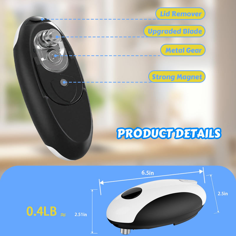 USB Rechargeable Electric Can Opener - Battery Operated, One Touch Auto Operation, Magnetic Lid Holder & Smooth Edge Cutting, Cordless & Hands Free Tin Opener for Seniors, Works with All Standard Cans Black