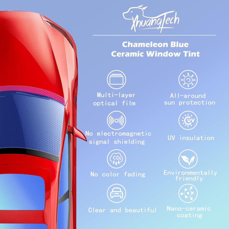 XhuangTech Blue Chameleon Window Tint Windshield for Car, VLT70% Ceramic Front Windshield Tint 60Inch X 10Ft Automotive Window Tint Film, Heat&UV Blocking Sun Protection Anti-Glare Reflective Film 59" in x 9.84‘ Ft Chameleon Blue