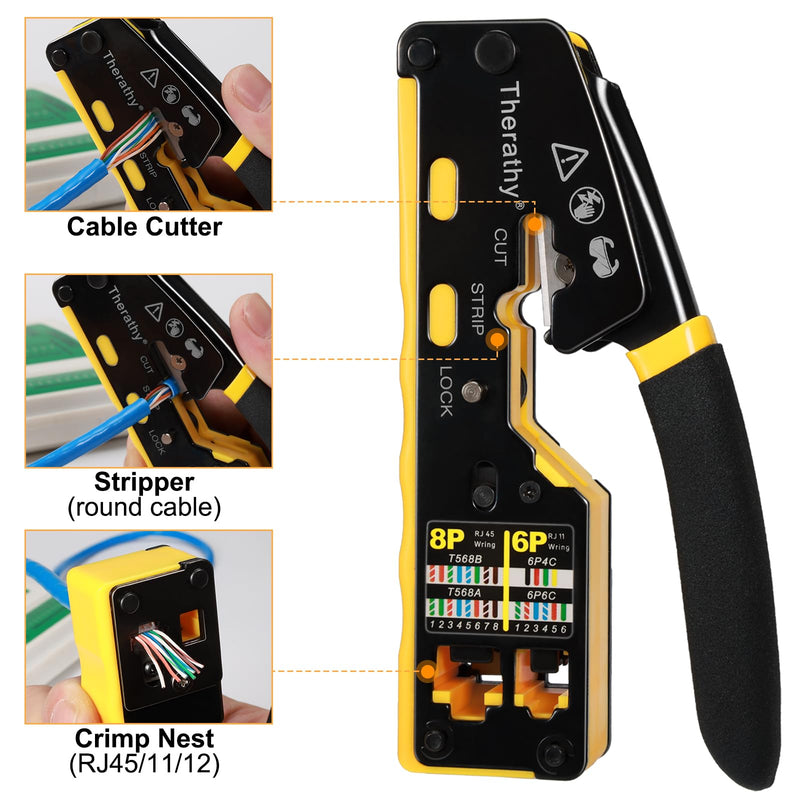 RJ45 Crimp Tool Pass Through Ethernet Crimper for Cat5e Cat6 Modular Plugs, All-in-One Cat6 Crimping Tool